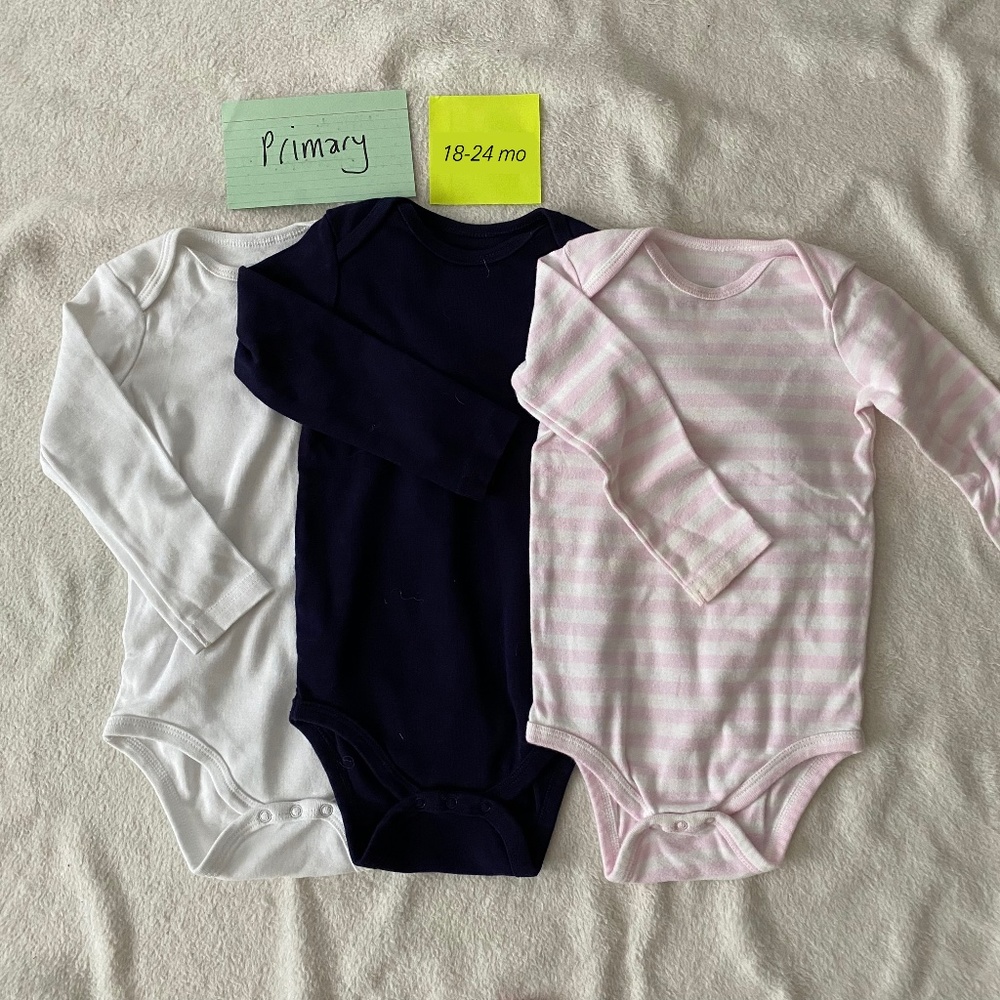SOLD primary  organic long sleeve bodysuits, 18-24 mo, three pack